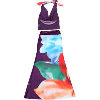 BUNO-Conjunto de 2 piezas de retazos de malla de gato extraño para mujer, Tops cortos con cuello Halter y faldas coloridas, trajes de fiesta en la playa a la moda para vacaciones - details 10
