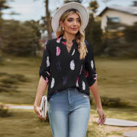 Camisa con estampado de plumas de tres cuartos y manga e para mujer, cuello en V, otoño, nueva - details 7
