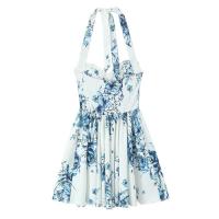 Vestido de verano 2025 con estampado floral, cuello halter en contraste de color, sin espalda, falda corta, nueva moda para mujer - details 2