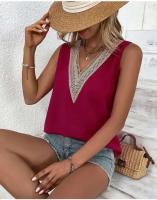Blusa de encaje Parchwork para mujer, camiseta holgada con agujeros para verano, ropa de calle informal, Top sin mangas con cuello en V Lac - details 10