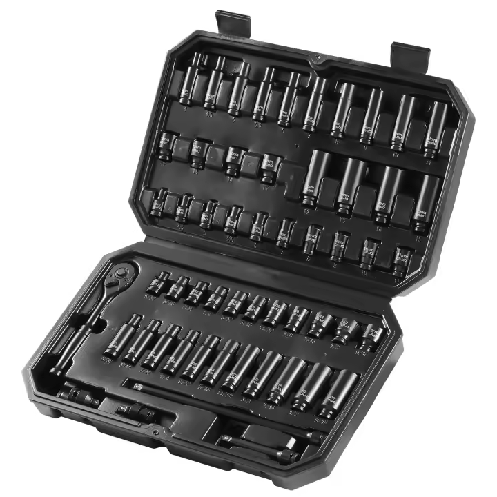 SucceBuy Juego de llaves de impacto de 55 piezas de 1/4", profundas y poco profundas SAE 5/32"-9/16" y métricas 4-15 mm, acero de aleación CR-V de 6 puntos - 1