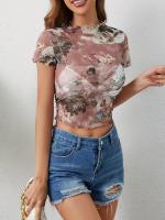 Nueva camiseta de manga corta elegante con estampado de malla, camisetas de manga corta con ribete de oreja de madera para mujeres - details 4