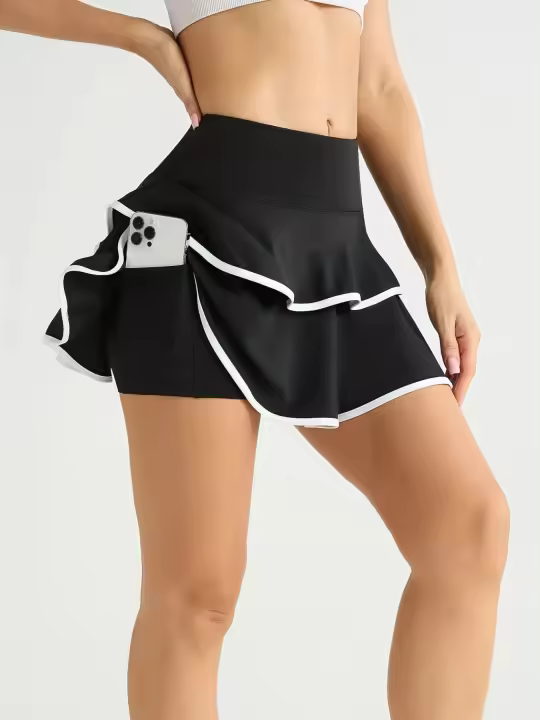 Faldas de tenis de Yoga de borde fino con bloques de Color para mujer, faldas de cintura alta con bolsillos para Fitness, gimnasio, correr, faldas de Yoga - 1