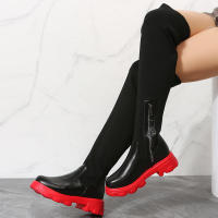 Botas de cuero por encima de la rodilla para mujer, zapatos de tacón grueso de punto rojo, terciopelo cálido, punta redonda, transpirables, talla grande, invierno, 2023 - details 13
