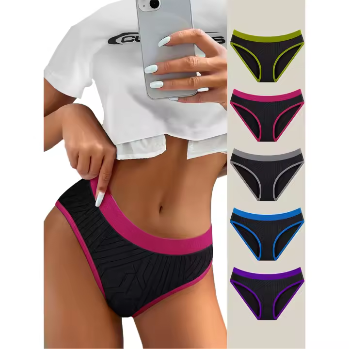 Ropa interior sexy transpirable Breifs de cintura baja de color en contraste para mujer, paquete múltiple de un solo artículo - 1