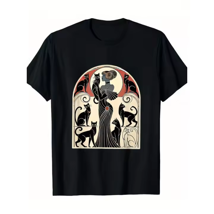 Camiseta retro divertida de señora gato, camiseta informal y cómoda de verano de manga corta, camiseta 100% algodón, adecuada para hombres y mujeres - 1