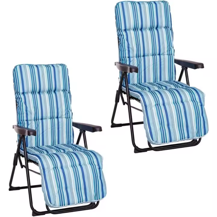 Paquete de 2 Sillas Plegables de Playa Cojines de Acero y Lona Azul con Reposapiés - 1