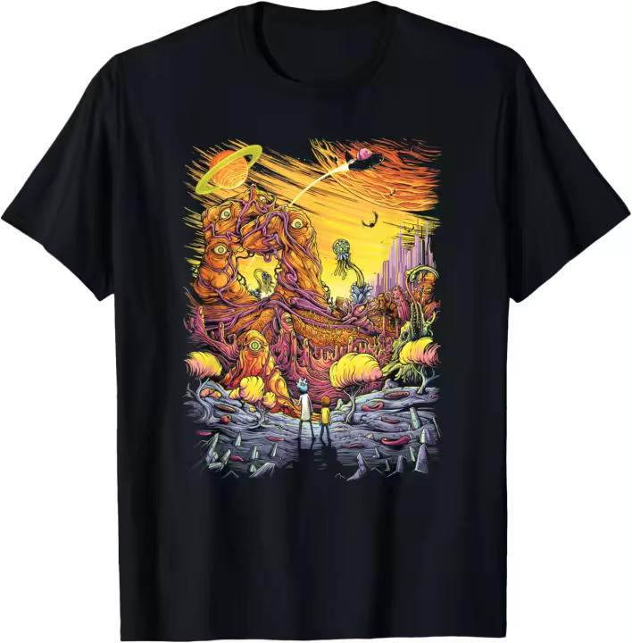 Rick and Morty Alien Landscape Camiseta de algodón negro suave y ajustado con cuello redondo, Top de moda - 1