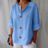 Camiseta de verano "Mujer 2025 con cuello en V, lino y algodón, holgada y transpirable, estilo boho-chic - Moda informal y elegante" "Mujer con cuello en V, algodón, transpirable, - Moda" - details 32