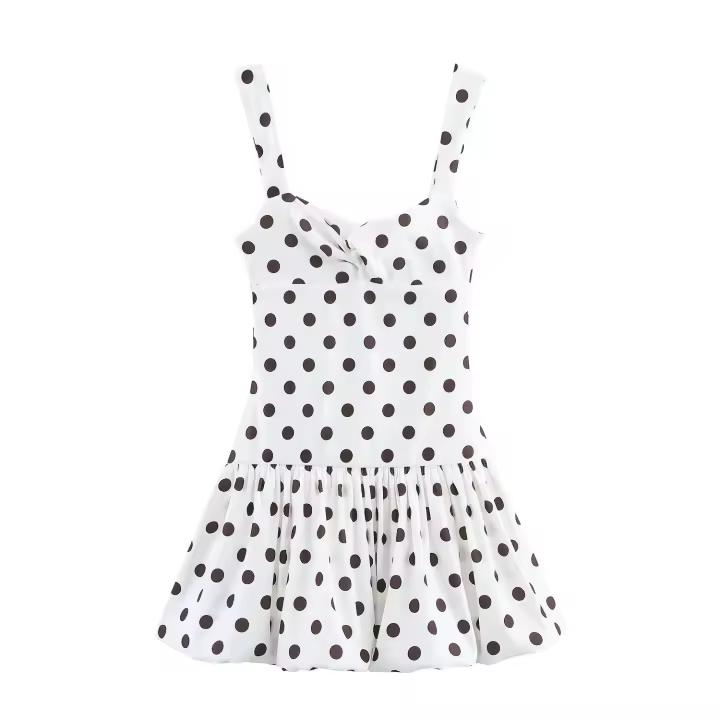 TRAFZA-vestido elástico sin mangas con lunares para mujer, minivestido plisado de cintura alta, ajustado y sin espalda, a la moda, para verano - 1
