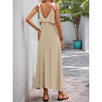 Vestido de color sólido nuevo 2025 con tirantes decorativos y borde largo con volantes para vacaciones de ocio transfronterizas europeas y americanas - details 6