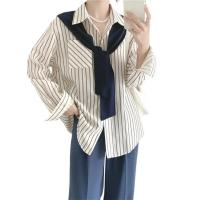 Camisa de mujer de dos piezas falsa estilo Maillard de otoño, chal tejido marrón, camisa con Raya Vertical en la espalda, blusa, camisa de mujer de estilo francés - details 5