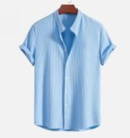 Camisa de manga corta a rayas Vtical para hombre con cuello alto, Top holgado informal de gran tamaño a la moda para playa, Color sólido, - details 6