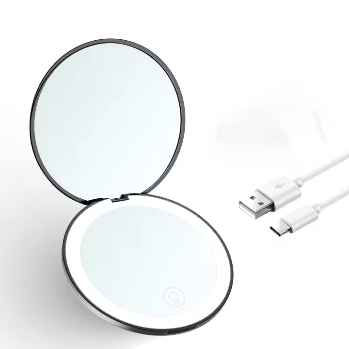 Espejo compacto LED con tira de luz, espejo inalámbrico plegable con lupa para mujer - 1
