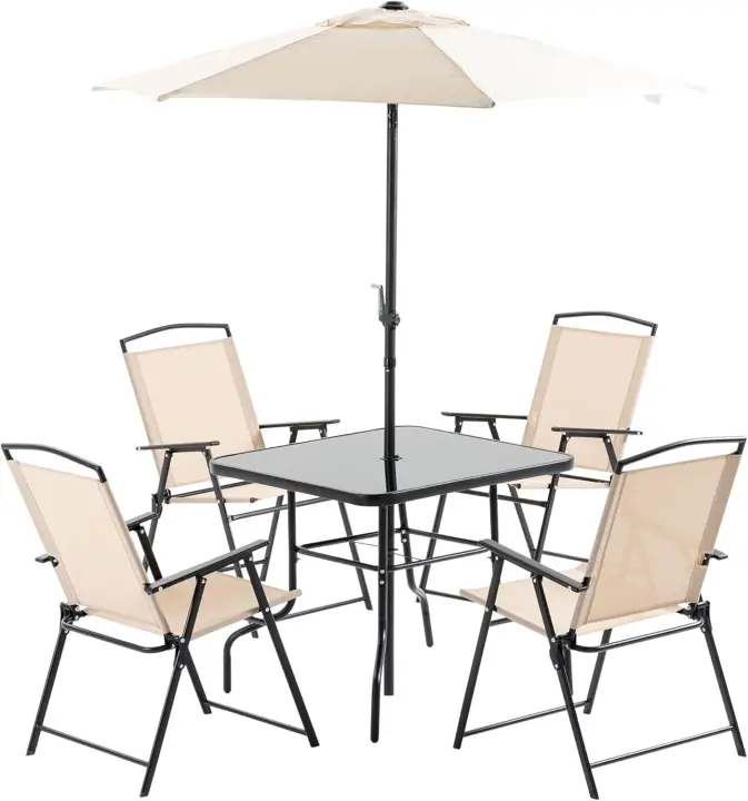 Conjunto de Muebles de Jardín 4 Sillas Plegables Mesa de Comedor de Vidrio Protección Solar - 1