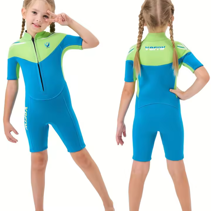 Traje de baño de una pieza de manga corta para niñas, con cremallera frontal, cómodo y elástico, para nadar en la piscina - 1