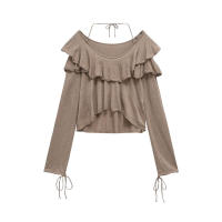 OUWU- Y2k Suéter Para Mujer, Jerséis Cortos De Color Caqui, Top De Punto De Manga Larga, Prendas De Punto Con Volantes, Prendas De Vestir Exteriores Elegantes, Ropa Para Mujer - details 1
