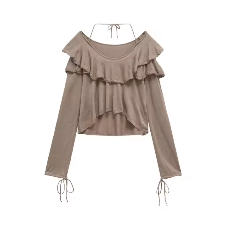 OUWU- Y2k Suéter Para Mujer, Jerséis Cortos De Color Caqui, Top De Punto De Manga Larga, Prendas De Punto Con Volantes, Prendas De Vestir Exteriores Elegantes, Ropa Para Mujer - 1