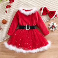Vestido de Navidad para Niña Pequeña Terciopelo Rojo con Diadema Traje de Fiesta de Santa Claus - details 1