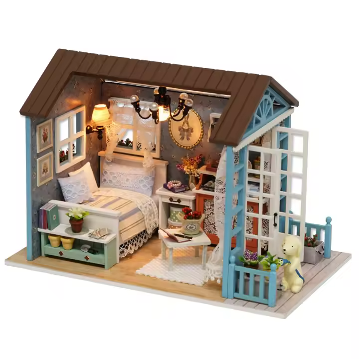 Kit de casa de muñecas en miniatura DIY, Mini casa de madera 3D realista, artesanía para habitación con muebles, luces LED Chri - 1