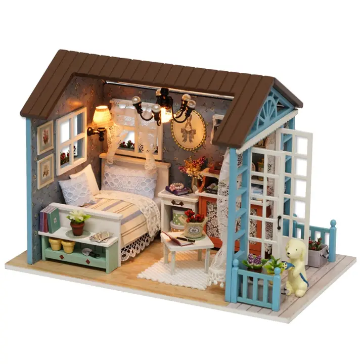 Kit de casa de muñecas en miniatura DIY, Mini casa de madera 3D realista, artesanía para habitación con muebles, luces LED Chri - 1