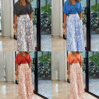 Women casual 2 pieces set elegant v neck short sleeve tops and print wide leg pants - details 1