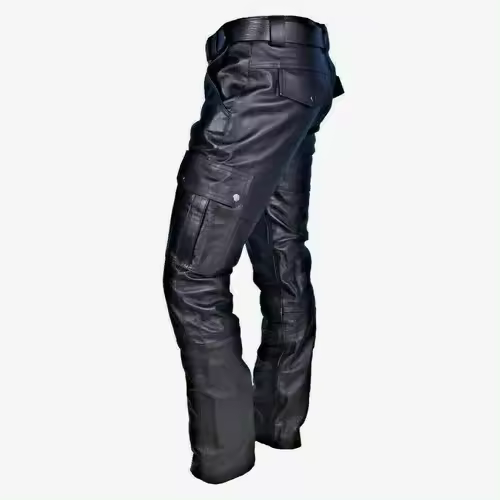 Pantalones de Moto de Cuero para Hombre Estilo Cargo con Bolsillos, Negros, Sin Cinturón, Tallas S-5XL - 1