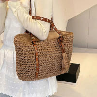 Bolso de Mano Tejido de Paja a la Moda para Mujer Bolso Bandolera de Gran Capacidad para Compras y Viajes Bolso de Playa Informal - details 1