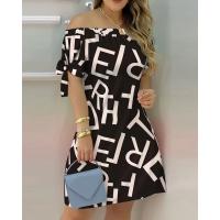 Vestido Estampado Sexy A La Moda Para Mujer, Vestido Acampanado De Manga Corta Con Hombros Descubiertos, Minivestidos Con Hombros Descubiertos Para Mujer - details 20