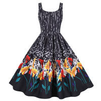 Women vintage spaghetti strap floral print high waist elegant sleeveless a-line party midi dress - details 35
