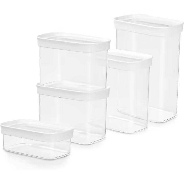 Emsa Optima Dry Food - Set 5 Recipientes Herméticos de Plástico Rectangulares, higiénicos, fácil apilamiento, tapa de cierre a presión y bordes antideslizantes, sin BPA, apto lavavajillas - 1
