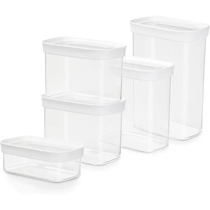 Emsa Optima Dry Food - Set 5 Recipientes Herméticos de Plástico Rectangulares, higiénicos, fácil apilamiento, tapa de cierre a presión y bordes antideslizantes, sin BPA, apto lavavajillas - 1
