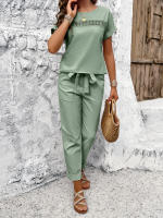 Conjuntos de verano de 2 piezas para mujer, Tops de manga raglán con pantalones, Verde S - details 23