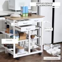 Carrito de cocina multifuncional con cajones, cestas, estantes para especias, toallero y ruedas, 92x37x82 cm, blanco - details 4