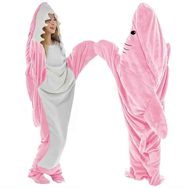TRAFZA-pijama holgado de franela para niños y adultos, saco de dormir de tiburón de dibujos animados, una pieza, manta para el hogar, lindo chal de tiburón, regalo - 1
