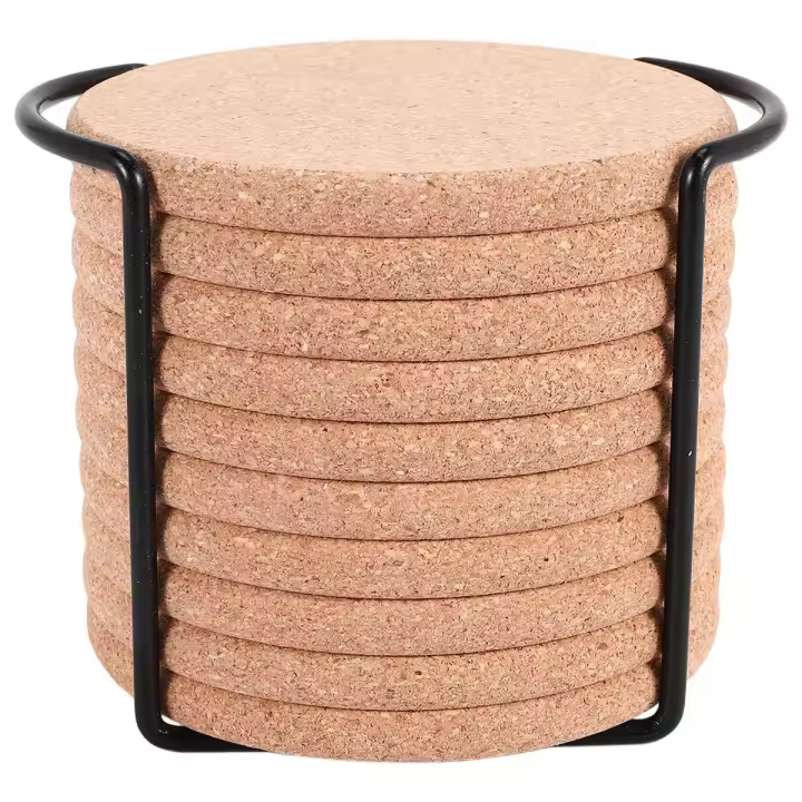 Round Cork Coasters for Drinks,with Metal Holder Storage Caddy,Reusable Saucers for Cold Drinks Wine Glasses Cup - 1