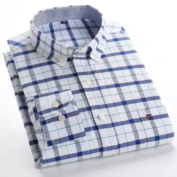 Camisa a cuadros con botones de manga larga 100% algodón para hombre, camisas Oxford a rayas a cuadros con un solo bolsillo en el pecho para trabajo, informales, de ajuste estándar - 1