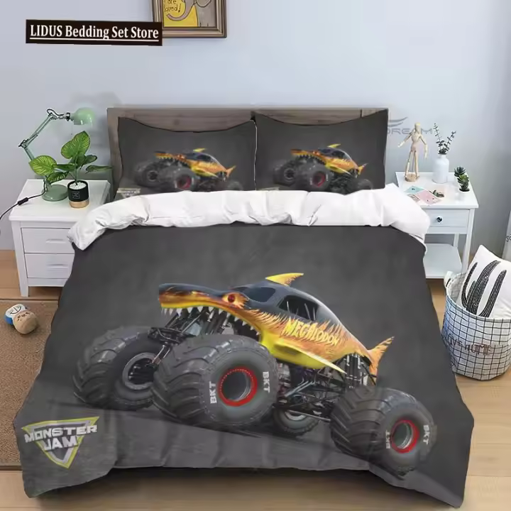 Juego de Ropa de Cama de Monstruo Truck de Super Cubierta de Edredón, Funda de Almohada para Cama de Rey y Reina Diseño de Monstruo Jam - 1