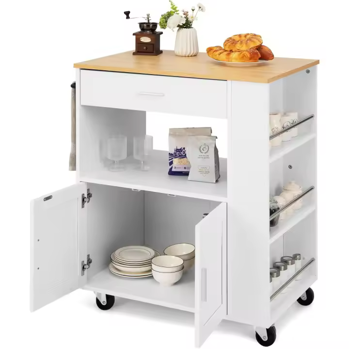 Carro de Cocina con Ruedas, Carrito de Servicio con 3 Estantes Laterales, Armario de Puertas y Cajón, Isla de Almacenamiento con Toallero, Buffet de Comedor, 82 x 46 x 92 cm - 1