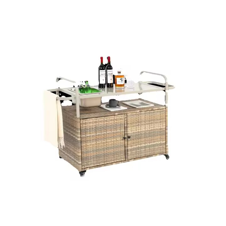 Carrito de Barra de Exteriores de Hierro Carrito de Servicio de Patio con Gabinete de Mimbre - 1
