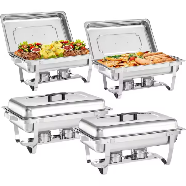Paquete de 4 platos, juego de Buffet de platos de frotamiento de acero inoxidable de 9 cuartos con marco plegable, calentadores de alimentos para fiestas, suministros de Catering, - 1