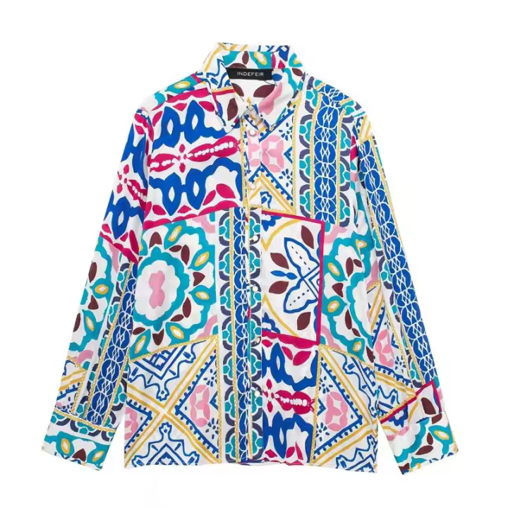 BUNO-Camisa de manga larga con estampado de textura de seda suelta para mujer, camisa versátil con tapa, temperamento, primavera, novedad de 2025 - 1
