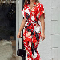 Vestidos largos elegantes para mujer, solapa, cuello en V, manga corta, cintura alta, oficina, Maxi Verde S - details 12