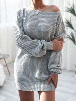 Vestido de suéter suelto de manga larga con cuello oblicuo para mujer, Mini Vestidos de punto casuales, Color sólido, Otoño e Invierno - details 6