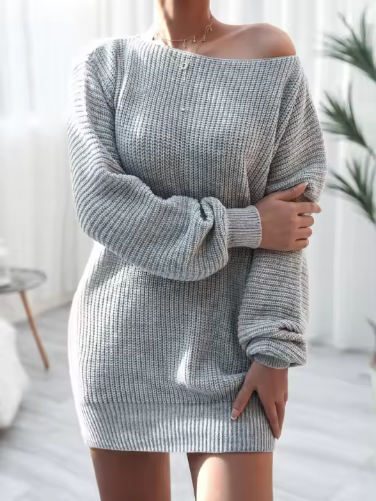Vestido suéter ose de manga g para mujer con cuello oblicuo, minivestido de punto informal, color sólido, - 1