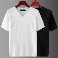 Camiseta de verano para hombre, manga corta, estilo fino, corte entallado, cuello en V, Top de punto, capa Base de rayas versátil y cómoda - details 0
