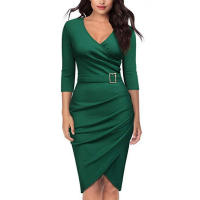 Elegante dama profundaVVestido con cuello y cinturón Vestido de fiesta plisado de manga larga ajustado de longitud media - details 10