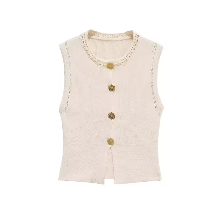 PB&ZA2025 chaleco de punto con cuello redondo sin mangas simple ajustado corto casual versátil top nuevo de verano ropa de mujer. - 1