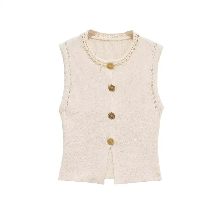 PB&ZA2025 chaleco de punto con cuello redondo sin mangas simple ajustado corto casual versátil top nuevo de verano ropa de mujer. - 1