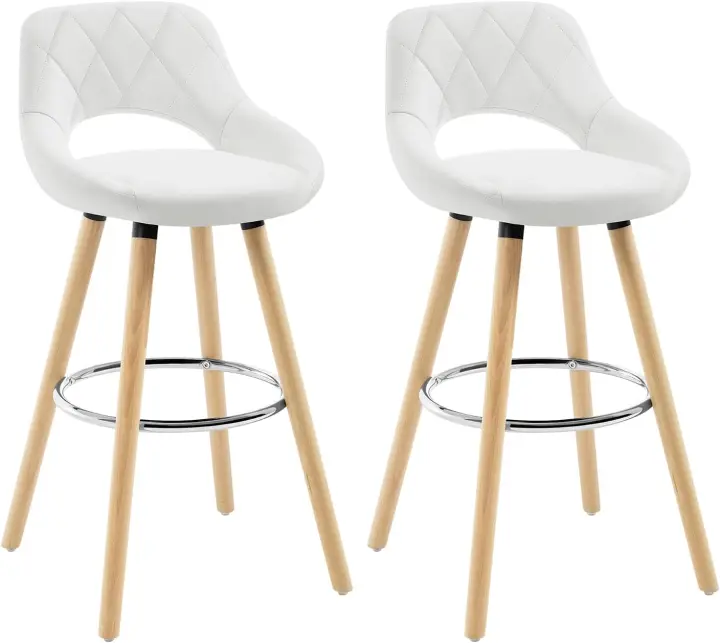Juego de Taburetes de Cocina Alta 2 Piezas con Resalón y Reposapiés Altos para Bistro, Cafetería y Cocina Funda de Piel Sintética y Patas de Madera Blanco - 1
